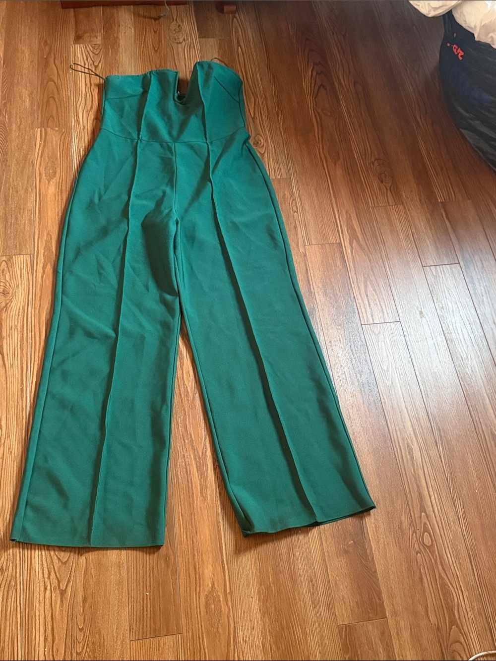 Fashion Nova Strapless Wide-Leg Jumpsuit in Teal Green